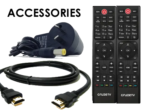 Cruze TV remotes, power adaptor and HDMI cable